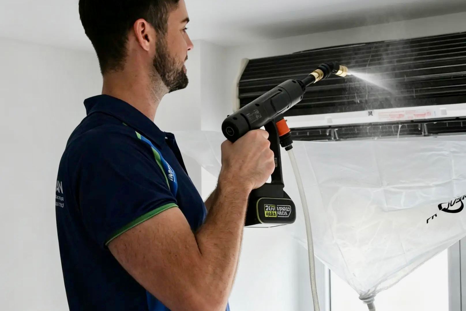 Green Clean technician deep cleaning an air conditioning unit in a Hong Kong home
