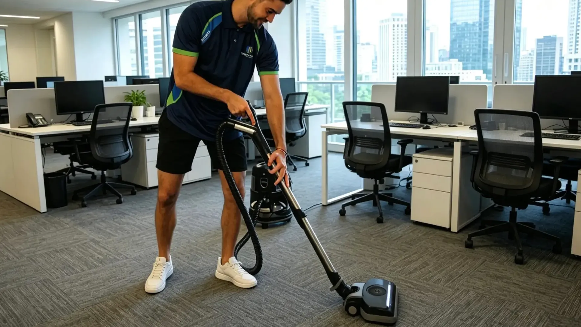 Green Clean cleaner vacuuming between desks in a bright Hong Kong office