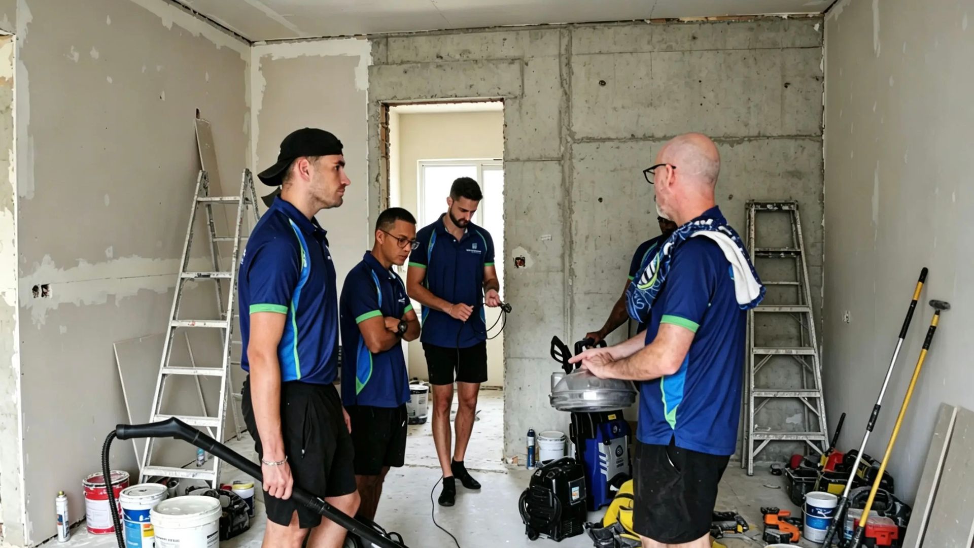 The Green Clean team on site during a Hong Kong renovation, with ladders and equipment