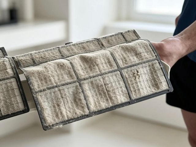 Green Clean technician holding a heavily soiled air conditioning filter removed for cleaning