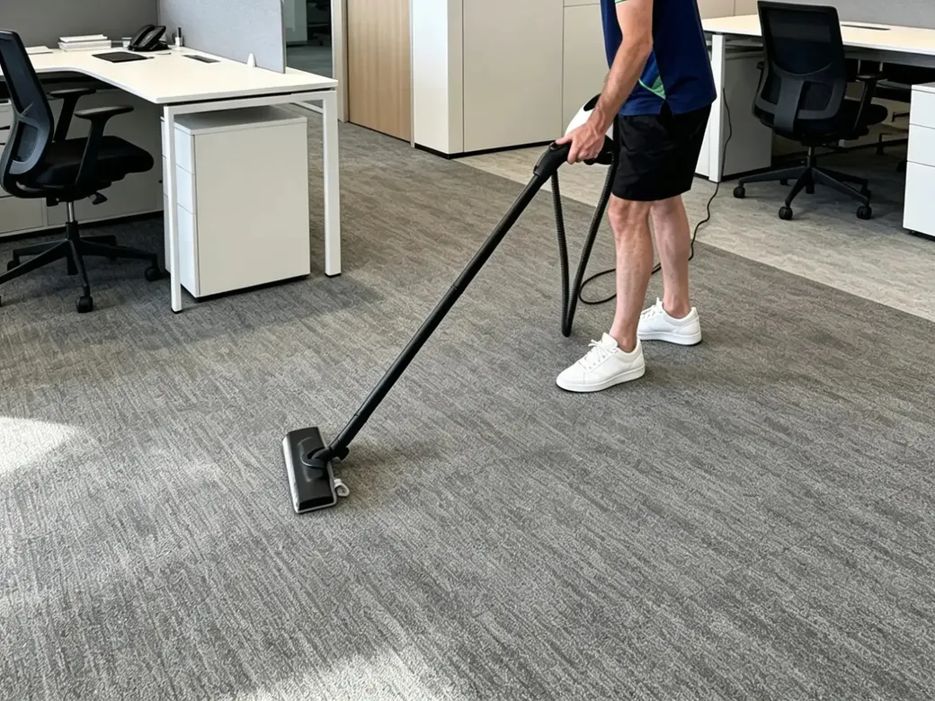 Green Clean cleaner vacuuming a carpeted Hong Kong office